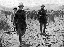General Sir Ian Hamilton, commander-in-chief of the Mediterranean Expeditionary Force, inspecting the Royal Naval Division at Gallipoli, 1915.