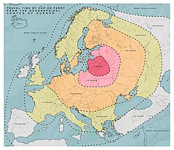 Travel time by car or ferry from the geographical center of Europe