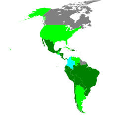 Signatory and member states of the American Treaty on Pacific Settlement (Pact of Bogotá) which was signed in 1948 and which is part of the legal framework of the Organization of American States (OAS). Color legend: States which have ratified the treaty States which have signed but not ratified the treaty States which have neither signed nor ratified the treaty States which have ratified the treaty but denounced its membership