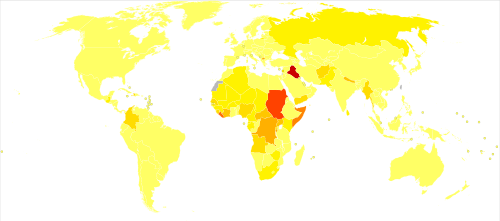 Disability-adjusted life year for war per 100,000 inhabitants in 2004[57] no data less than 100 100–200 200–600 600–1000 1000–1400 1400–1800 1800–2200 2200–2600 2600–3000 3000–8000 8000–8800 more than 8800