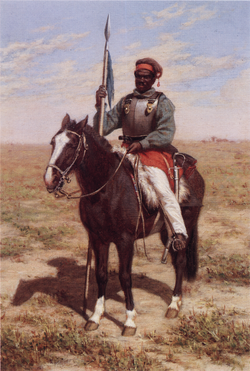 A painting of the "Lanceiros Negros [pt]" ("Black Lancers"), a formation of former and freed slaves which served the Riograndense Republic as lancers