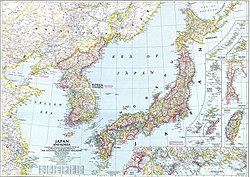 A 1945 National Geographic map of Korea, showing Japanese place names and provincial boundaries.