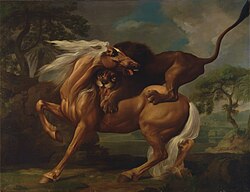 George Stubbs, A Lion Attacking a Horse, also painted in 1762; one of many treatments of this subject by Stubbs