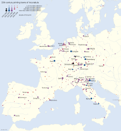 Map of Europe with dots marking cities where printing presses were established by the end of the fifteenth century