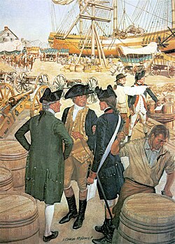 An illustration of the Continental Army's Assistant Quartermaster General John Parke and Ezekiel Cheever, civilian commissary of artillery, giving instructions to a captain of artillery on the docks of New London, Connecticut in 1776