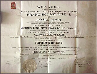 Doctoral diploma of Friedrich Hopfner, issued 1905 by the German Charles-Ferdinand University in Prague