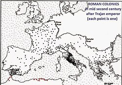 Map showing the "Roman coloniae" in the second century, after Trajan.