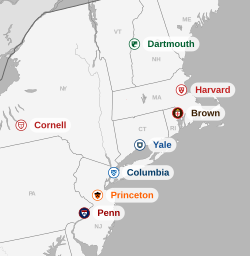 A map of the eight Ivy League universities in the United States