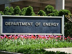 Sign in front of the United States Department of Energy Forrestal Building on 1000 Independence Avenue in Washington D.C.