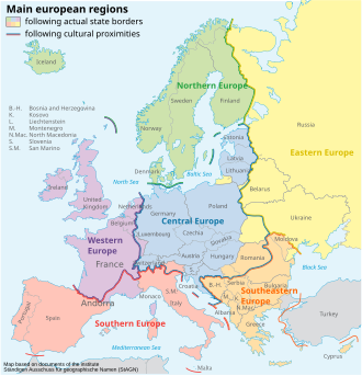 Map purportedly displaying the European continent split along cultural and state borders as proposed by the German organisation Ständiger Ausschuss für geographische Namen (StAGN)
