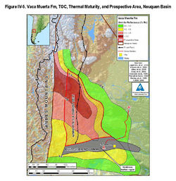 The Vaca Muerta tight oil (shale oil) field holds 2.58×109 m3 (16.2×109 bbl) of oil and 8.7×1012 m3 (308×1012 cu ft) of natural gas. It is estimated to be the third largest.[72][73]
