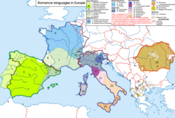 Range of the Romance languages, the modern descendants of Latin, in Europe