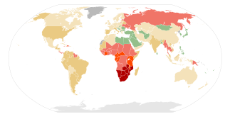 Estimated percentage of HIV among young adults (15–49) per country as of 2011:[217] 15–50