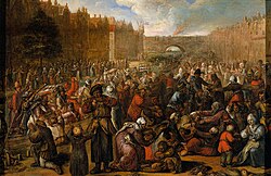 Relief of Leiden (1574), painting by Otto van Veen. Inundated meadows allow the Dutch fleet access to the Spanish infantry positions.