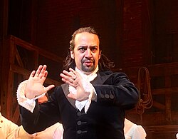 Lin-Manuel Miranda performing the title role in the musical Hamilton in April 2016