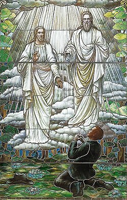 Stained glass depiction of Joseph Smith's First Vision (1913, artist unknown)