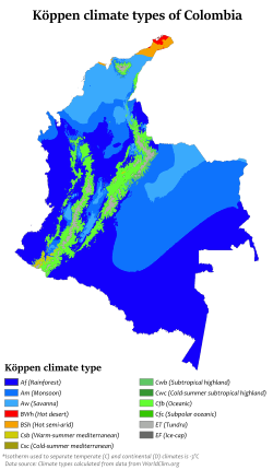 Colombia map of Köppen climate classification