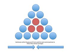 In a group, in W. D. Hamilton's theory, prey seek central positions in order to reduce their domain of danger. Individuals along the outer edges of the group are more at risk of being targeted by the predator.