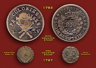 1767 Louis XV Colonies Françoises (West Indies) 12 Diniers copper Sous (w/1793 "RF" counterstamp)