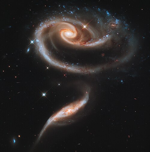 The shapes of two massive galaxies in this image evolved under the effects of gravity.