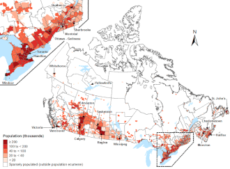 Canada population density map (2014)Top left: The Quebec City–Windsor Corridor is the most densely inhabited and heavily industrialized region accounting for nearly 50 percent of the total population[4]