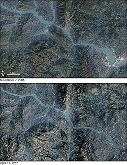Satellite map showing areas flooded by the Three Gorges reservoir. Compare November 7, 2006 (above) with April 17, 1987 (below).