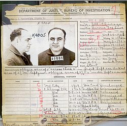 Capone's FBI criminal record in 1932, showing most of his criminal charges were discharged or dismissed