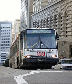 A San Francisco Muni trolleybus (ETI 14TrSF) climbing Nob Hill