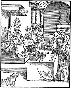 Antichristus, by Lucas Cranach the Elder, from Luther's 1521 Passionary of the Christ and Antichrist. The pope is signing and selling indulgences.