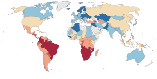 Global map of countries by high inequality (based on Gini index), 2022, according to the Poverty and Inequality Platform (PIP)[13] <30 30-35 35-40 40-45 45-50 50+