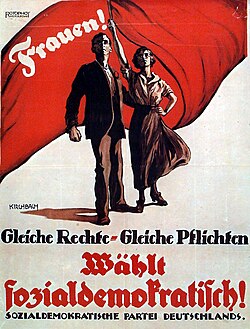 SPD poster for the 1919 election to the constitutional Prussian State Assembly. It reads: "Women! Equal rights. Equal duties. Vote Social Democratic!"
