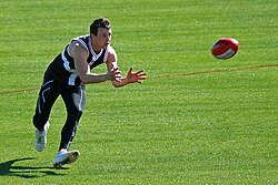 Robert Eddy of St Kilda FC positions himself for the difficult "out in front" mark