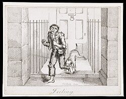 A raggedly dressed man being bitten by a house guard dog. Etching by Thomas Lord Busby, ca. 1826.