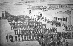 Battalion No. 3 Line of the Chilean Army, formed in columns in the Plaza Colón of Antofagasta in 1879