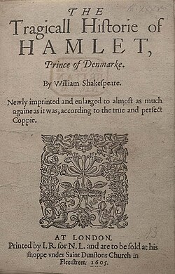 Title page of the 1605 printing (Q2) of Hamlet