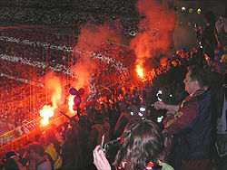Barcelona's ultras Boixos Nois in the 2005–06 UEFA Champions League semi-final against AC Milan at San Siro