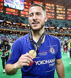 Hazard wearing his winner's medal after winning the 2019 UEFA Europa League final with Chelsea