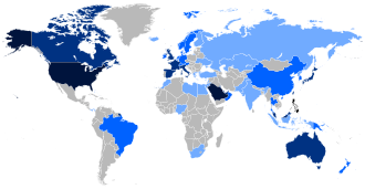 Map of the Filipino diaspora in the world (includes people with Filipino ancestry or citizenship).[46] Philippines 1,000,000+ 100,000+ 10,000+ 1,000+