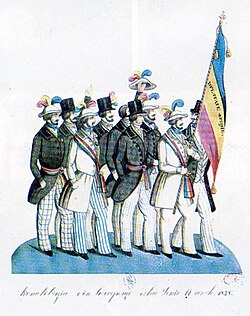 Romanian revolutionaries in Bucharest in 1848, carrying the Romanian tricolour