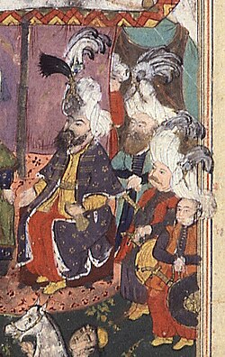 Eyewitness depiction of Kurdish prince Mir Sheref and his retinue in Jizra in 1602–03 (BNF, Turc 127).[140][141]