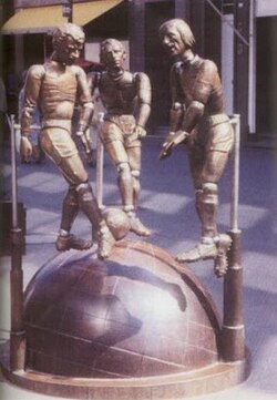 Monument to the trio of foals – Herbert Wimmer, Berti Vogts and Günter Netzer (from left to right), situated in the pedestrian area of Mönchengladbach-Eicken