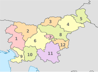Statistical regions: 1. Gorizia, 2. Upper Carniola, 3. Carinthia, 4. Drava, 5. Mura, 6. Central Slovenia, 7. Central Sava, 8. Savinja, 9. Coastal–Karst, 10. Inner Carniola–Karst, 11. Southeast Slovenia, 12. Lower Sava