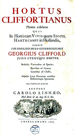 Title page of Hortus Cliffortianus (1737). The work was a collaboration between Linnaeus and Georg Dionysius Ehret, financed by George Clifford III, one of the directors of the VOC.