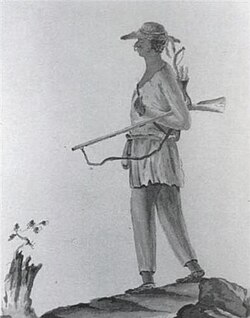 A 1778 illustration showing a Stockbridge Mohican Indian patriot soldier with the Stockbridge Militia in Stockbridge, Massachusetts, taken from Hessian officer Johann Von Ewald's war diary