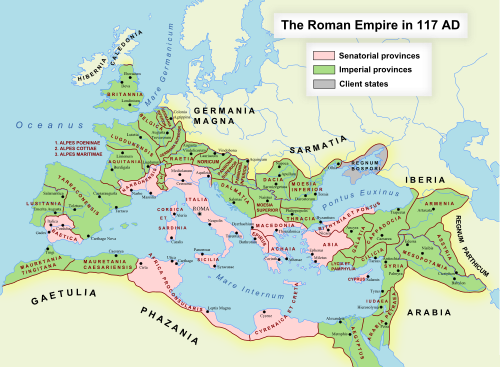 The Roman Empire at its greatest extent, under Trajan (117); imperial provinces are shaded green, senatorial provinces are shaded pink, and client states are shaded gray.