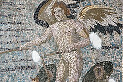 Mosaic of Eros standing on the wings of two Psyches and whipping them on in Hatay Archaeology Museum