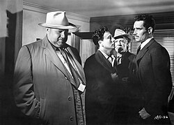 Welles, Victor Millan, Joseph Calleia and Charlton Heston in Touch of Evil (1958)