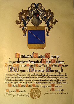 Coat of arms, granted by the Istituto Nazionale del Nastro Azzurro to Ernesto Burzagli.