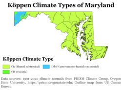 Köppen climate types of Maryland, using 1991–2020 climate normals