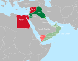 Middle East in 1958: United Arab Republic (red), United Arab States (red and light-red), Arab Federation (green), British Kuwait (grass green), other British protectorates in South and East Arabia (light green)